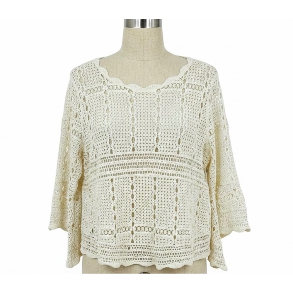 The Shabby Tree Crochet Knit Top Cream Boho Scalloped Hem 2XL